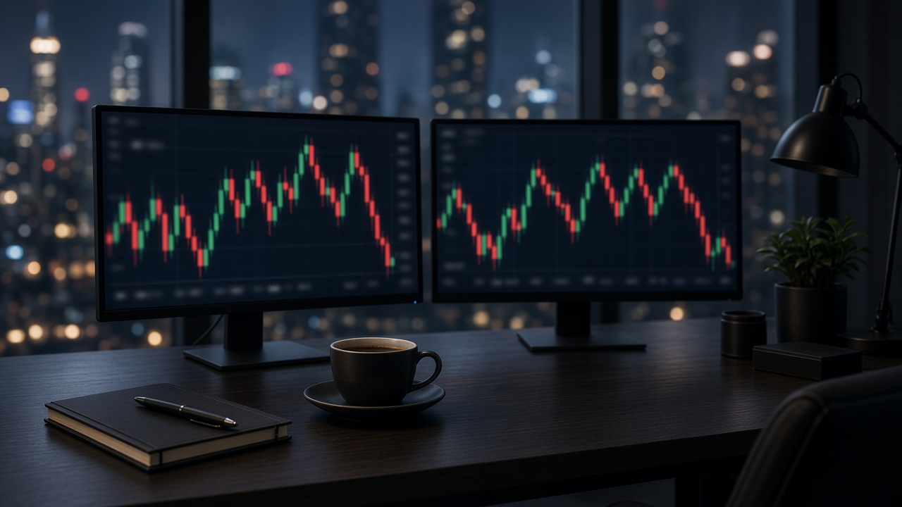 Escritorio de trading con monitores de gráficos en rojo y verde